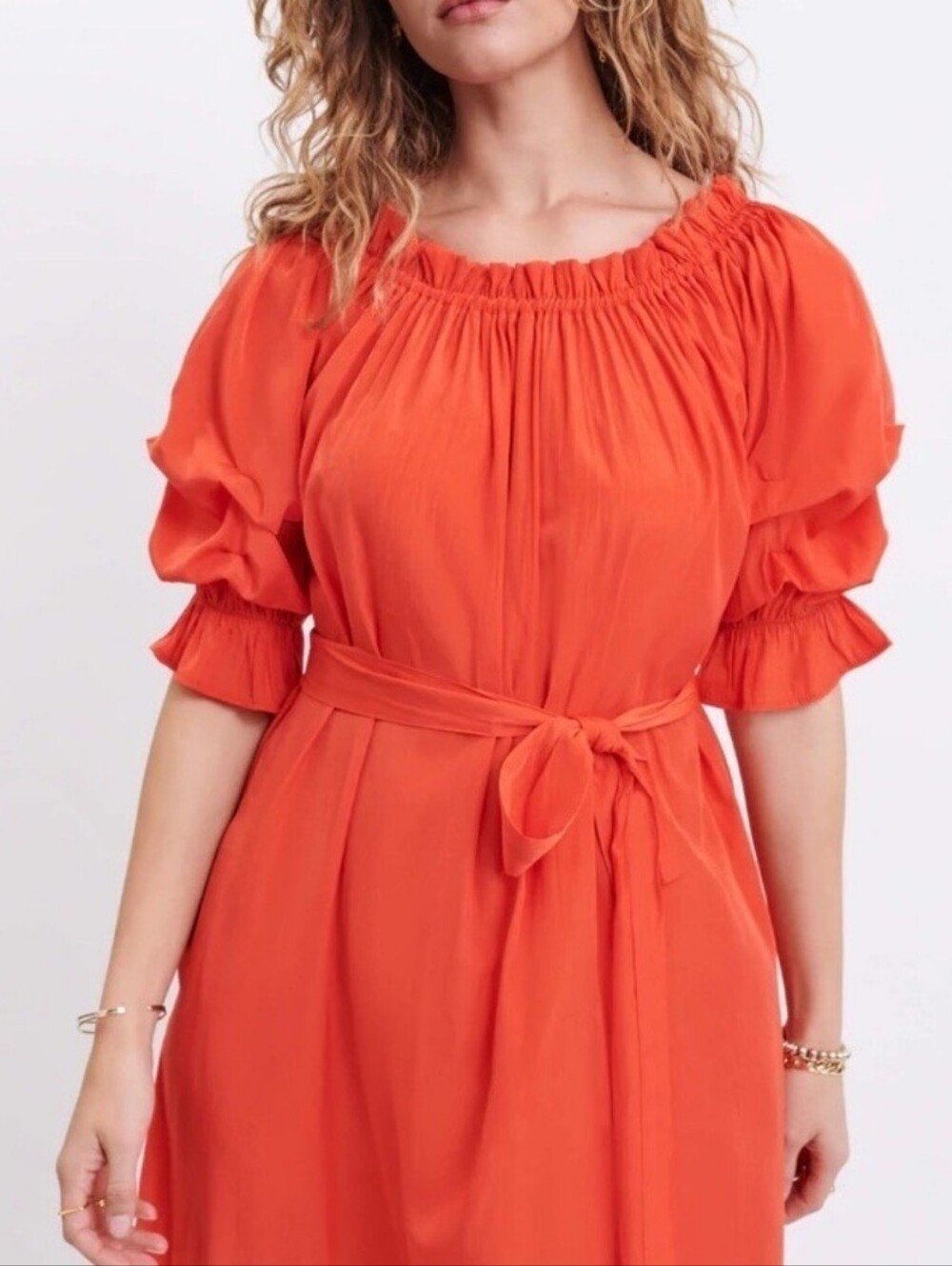 MERSEA x Anthropologie Tulum Ruffle Dress Sunset Orange Off Shoulder Medium - Picture 8 of 16